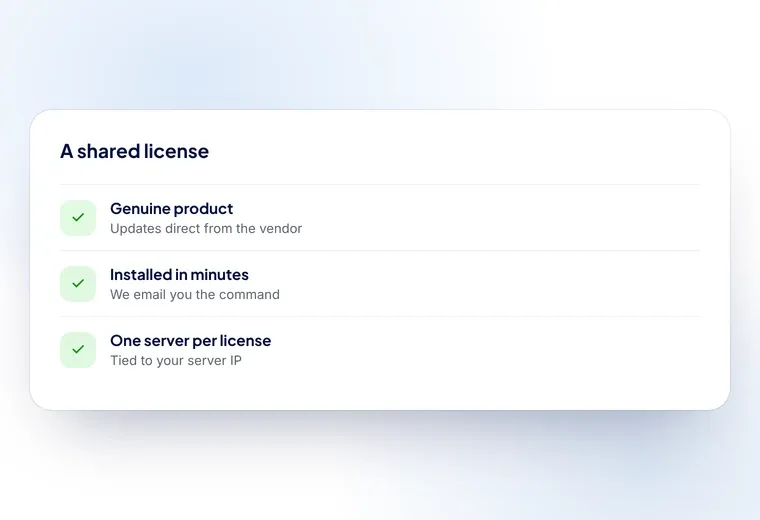 What a shared DAReseller license includes: the genuine product, updates direct from the vendor, and installation on one server IP