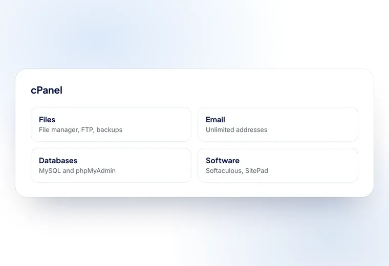 The cPanel tools used to upload a website, create email addresses and manage databases