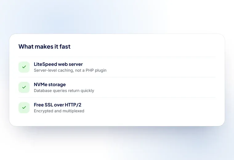 What makes a Hostsawa site fast: a LiteSpeed web server, NVMe storage and free SSL over HTTP/2